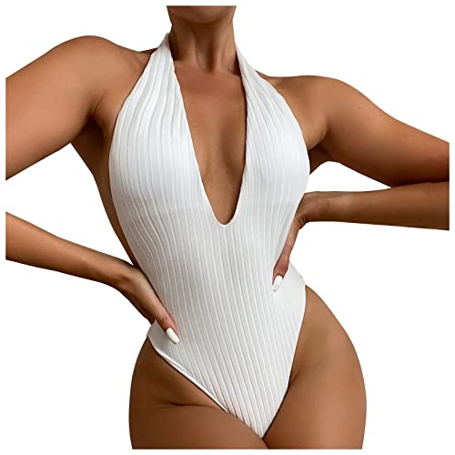 HZYDD Traje de baño Halter para Mujer Control de Barriga Cintura Alta Traje de baño de una Pieza Color sólido Ropa de Playa para Mujer Traje de baño de una Pieza Cuello en V Traje de baño para Mujer Cover