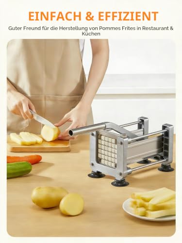 Foto von FOHRER Pommesschneider Edelstahl Professioneller Manueller Kartoffelschneider mit 13, 9, 6 mm Klingen aus Edelstahl, Pommes Frites Schneider für ganze Kartoffeln, Karotten, Gurken, Zwiebel, Silber
