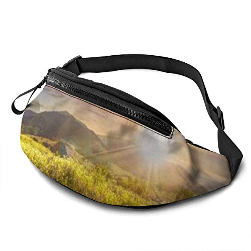 Wondihao Conjunto de paisaje de montaña con flores silvestres en prado en montañas con luz del sol con Rainb Unisex Running Riñonera informal