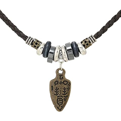 Beulous Men Women Leather Necklace Vintage Tribal Style Boho Hipppie Black Braided Beaded Necklace with Charm Pendant for Daily Use, Leather, No Gemstone Cover