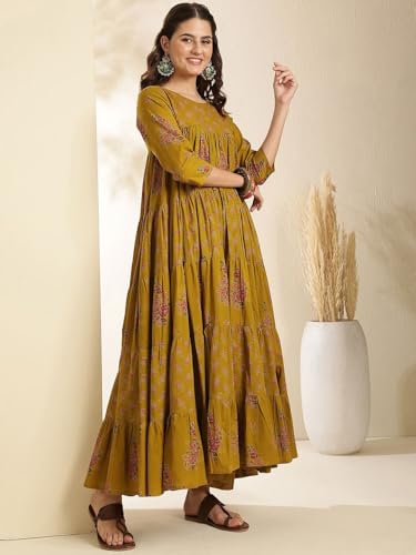 Image of ANNI Designer Viscose Blend Kurta for Women | Kurti Set Woman | Anarkali Kurta with Pant & Dupatta | Black Floral Hand Block Printed Suit | Ethnic Indian Outfit Party Office Traditional Fashion Wear