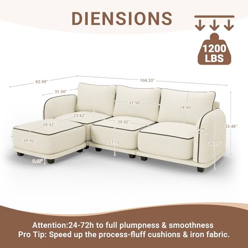 104 Inch L Shaped Modular Sectional Sofa, 4 Seater Modern Cloud Chenille Comfy Couch with Movable Ottoman & 3 Back Pillows, Oversized Comfy L Shape Couch for Living Room, Bedroom, Apartment, Beige - Image 2