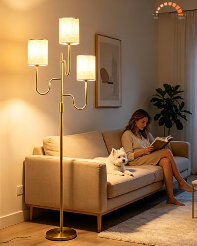 Image of 3-Light Gold Dimmable Floor Lamp with Linen Cylinder Shades, 3000K Warm White Standing Tall Lamp with Bulbs for Reading, Mid Century Modern Floor Lamp for Living Room Bedroom Sofa Corner Decor