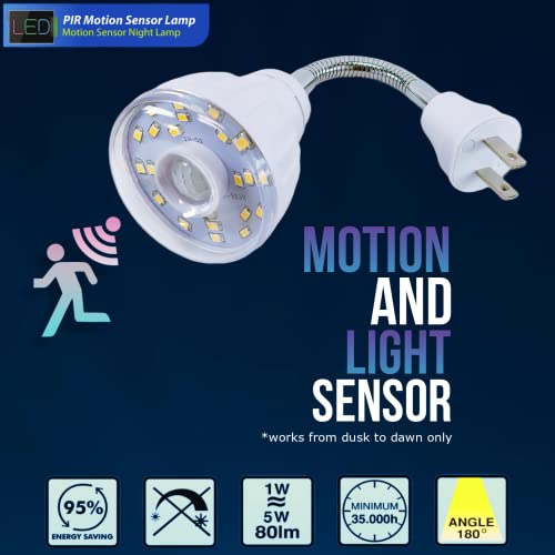 Image of LED Motion-Activated Sensor Dusk to Dawn PIR Night Light AC Outlet Directional Flexible Rotatable 360 Socket Plug-in Wall Stairs Lamp Indoor Closet Cabinet Toilet Garage Ceiling Basement 3W 6500K