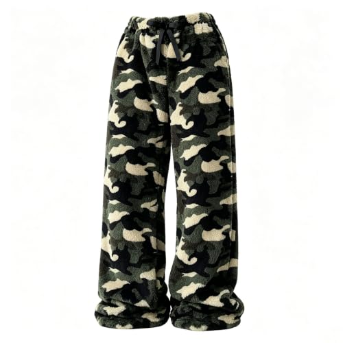 Womens Camo Pants Plush Wide Leg Elastic Waist Lounge Trousers Loose Fit - image 4