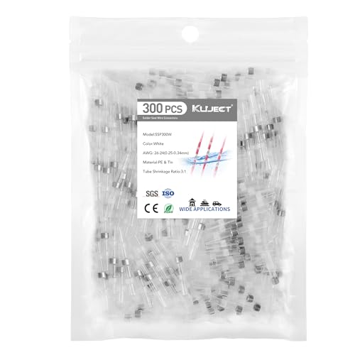 Kuject 300PCS Solder Seal Wire Connectors AWG 26-24, White Solder Seal Heat Shrink Butt Connectors Terminals Waterproof Wire Splice Connector for Marine Boat Wire Joint