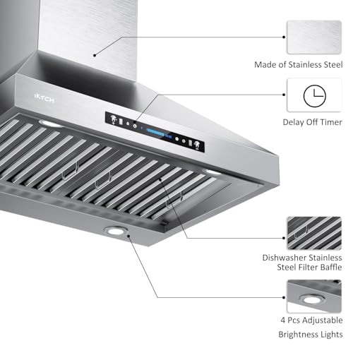 Image of 30 inch Wall Mount Range Hood, 900 CFM Powerful Suction, Gesture Sensing & Touch Control, 4-Speed Fan, Adjustable LED Lights, Stainless Steel, Ducted /Ductless Convertible