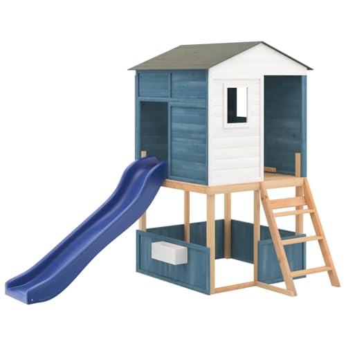 vidaXL Play Tower White and Blue Solid Wood Fir, Climbing Tower, Playground, Garden, Climbing Towers, Play Equipment, Wooden Play Equipment