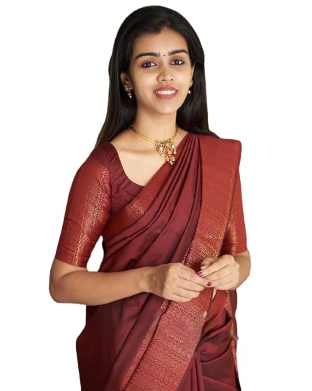 Image of Flosive Women's Present Banarasi Soft Lichi Silk Saree Beautiful Jacquard Rich Pallu Design Work Zari Woven Kanjivaram Silk Style Saree Induja Copper With Soft Lichi Silk Blouse Piece