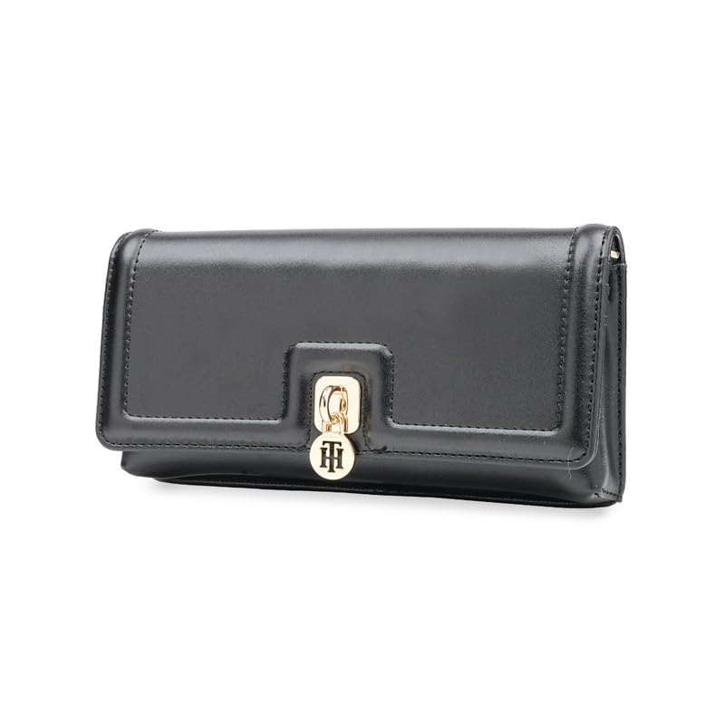 Image of Tommy Hilfiger Women's Flap Wallet with Detachable Sling Lumiere - Black | PU Solid Finish | | No. of Compartment - 2 | Stylish Clutch for Women