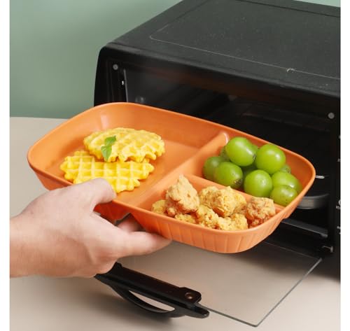 Image of Unbreakable Wheat Straw Plates with 3 Compartments Reusable Dish for Kids, Toddlers Sushi, Snacks, Cake, Meat & Appetizers Dishwasher Microwave Safe Dinnerware (Orange, Pack of 6)