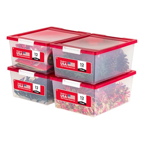 IRIS USA 12 Qt. Plastic Storage Bins Containers with Lids, 4 Pack, Sensory Bin, Craft Storage, Craft Organizers and Storage, Organizing Container for Home, Office School Supplies, Stackable, Clear/Red