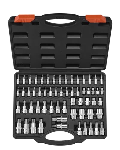 Image of VEVOR Torx Bit Socket and External Torx Socket Set, 60-Piece T6-T70, TT6-TT70, TP8-TP60, E4-E24, S2 Alloy Steel and Cr-V Steel, 1 /4 in, 3 /8 in, and 1 /2 in Drives, with Enhanced Storage Case, Hand Use