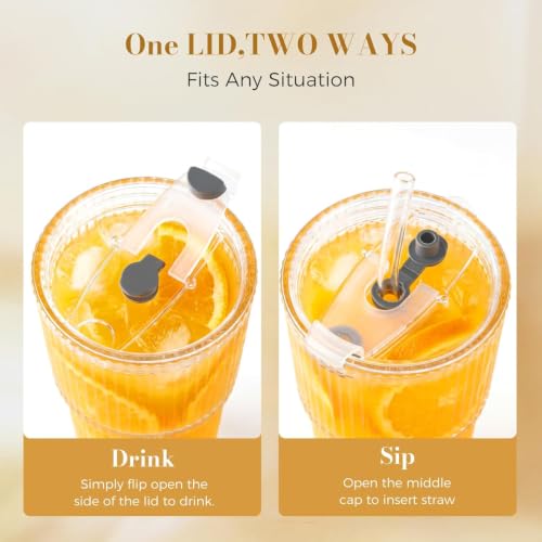 Image of FUNKYFINDS Coffee Glass Mug Sipper with Straw and Lid 2 pcs -600ml -for Smoothie, Water, Juice, Drinks, Lemon Soda, Beer Drinking Glasses, Iced Coffee and Tea Cups with Straw