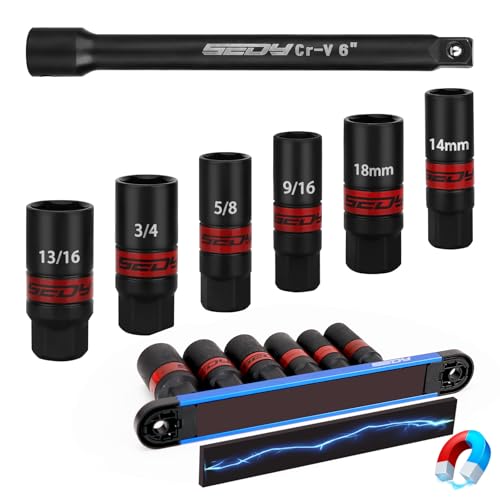 3/8''-Drive Spark Plug Socket Set: 7-Piece SAE & Metric Impact Spark Plug Socket Set with Magnetic Rail, 9/16-inch, 5/8-inch, 3/4-inch, 13/16-inch, 14mm, 18mm, Extension Bars