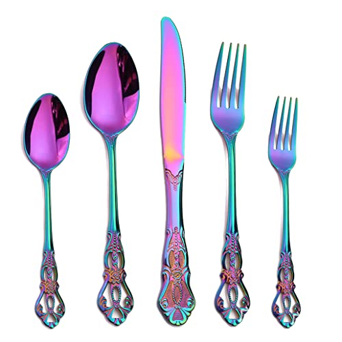 Dnalrhoi Gorgeous Retro Royal Rainbow 20 Pieces Silverware Set 18/10 Stainless Steel Service For 4 Cutlery Utensils Fork Spoon And Knife Mirror Polished Flatware Set(Rainbow) #TOP1