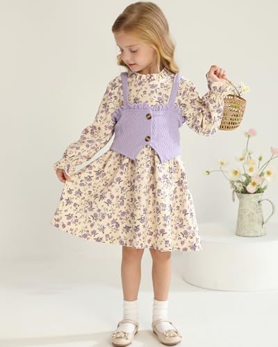 Image of Toddler Girl Dress Fall Winter Clothes 2 Piece Outfit Long Sleeve Crew Neck Toddler Dress for Girls