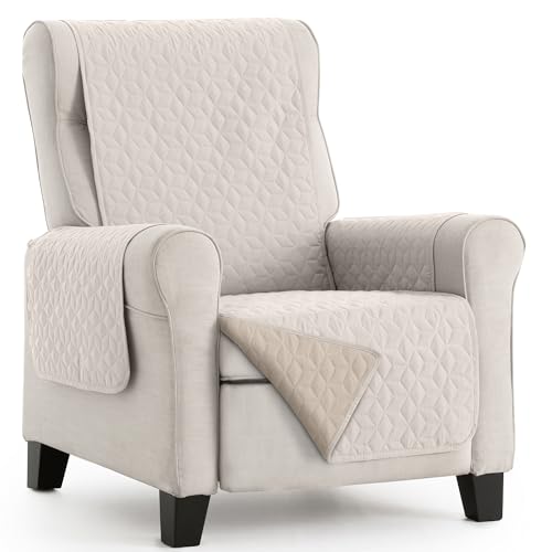 HIPERMANTA Funda para Sillon Relax 1 Plaza. Bicolor Reversible Acolchada. Protector de Sillon Orejero. Funda Sillon. Protector Mascotas. Paris. Color Marfil-Beige. Sillon 1 Plaza 55 cm