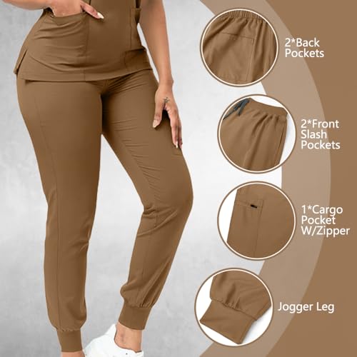 YEZEX Scrubs for Women Set, Women's V-Neck Top & Jogger Scrub Pants, Nursing Uniform Scrubs Set with 8 Pockets, for Nurse Esthetician Workwear (Brown) — view 5