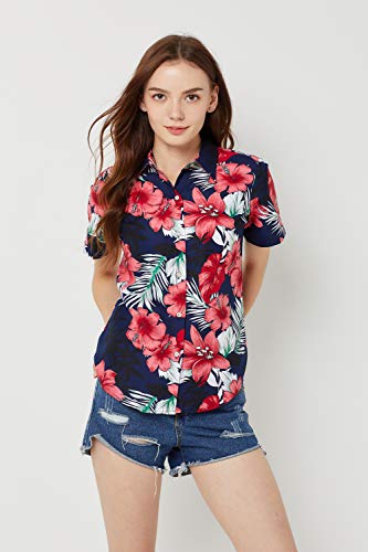 SSLR Women's Printed Short Sleeve Casual Button Down Hawaiian Shirt (Large, Navy(668-65))