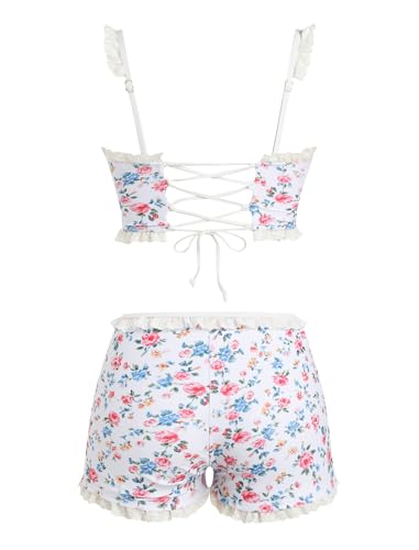 Image of ZAFUL Womens High Waisted Bikini Sets 2 Piece Plaid Ruffle Swimsuits Back Strap Top with High Waisted Shorts Bathing Suit