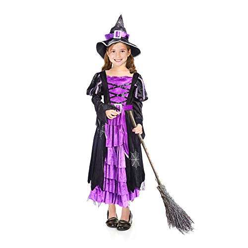 ThinkMax Déguisement Sorcière Fille avec Chapeau de Sorcière pour Fête d'halloween (S 5-7)