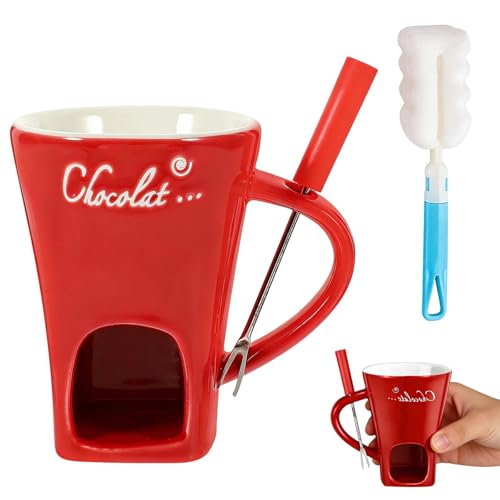 Chocolate Fondue Mug Chocolate Hotpot with Fork Melting Chocolate Mug Fondue Heated with a Tealight Warmer Mug for Candy Snack Caramel Party (White)
