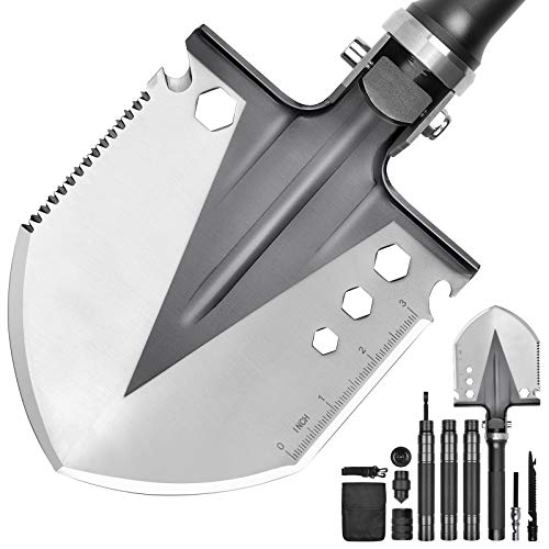 Yeacool Metal Detector Shovel 40 inch, Tactical Shovel Military Grade, Folding Emergency Survival Spade, Portable Swagger Multitool for Camping, Metal Detecting and Off Roading