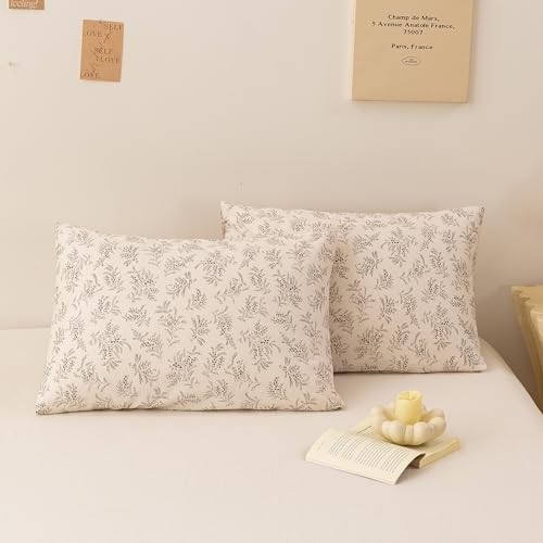 Image of ECOCOTT Floral Botanical Pillowcases Standard Size 2 Pack, 100% Washed Cotton Pillow Cases with Envelope Closure, Black Pattern Pillow Covers 20 inchx26 inch