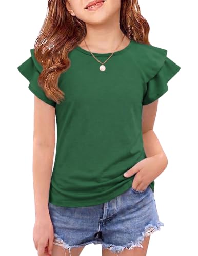 Image of Girls T Shirts Ruffle Short Sleeve Round Neck Loose Blouse Summer Solid Color Casual Girl Tee Tops for 3-12 Years
