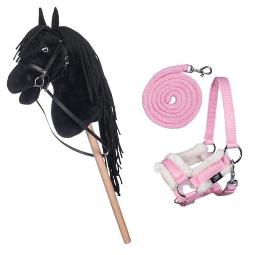 HKM Kids Hobby Horse, Rappe, Schwarz, mit Halfter und Führstrick in Rosa, Steckenpferd für Kinder, Pferde Spielzeug
