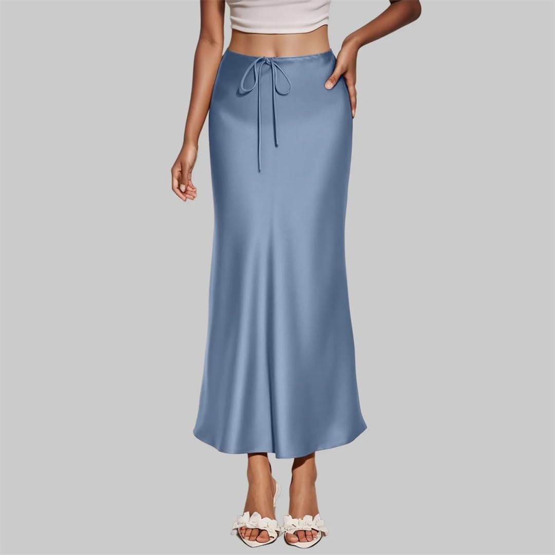 Jupes longues en satin de couleur unie avec cordon de serrage pour femme - Jupe longue élégante avec fente