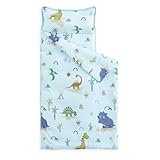 Picture of Wake In Cloud - Toddler Nap Mat with Pillow and Blanket, for Kids Boys Girls Ages 3 Plus in Kindergarten Daycare Preschool, Roll Up Sleeping Bag, Dinosaur Jurassic Cactus, Light Blue, Standard