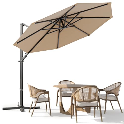 Image of Greesum 10FT Outdoor Patio Umbrella with High Pedel and 4 Gear Heights, Large Offset Market Umbrella with 360-degree Rotation, Without Base, Hanging Outdoor Shade for Garden, Lawn, Pool, Brown
