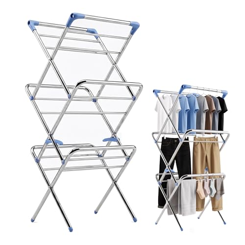 Image of Foldable Stainless Steel Clothes Drying Stand | Heavy Duty Steel Dryer Rack, Compact & Extra Large Floor Stand for Balcony, Indoor, Outdoor, Laundry Room, Home Use