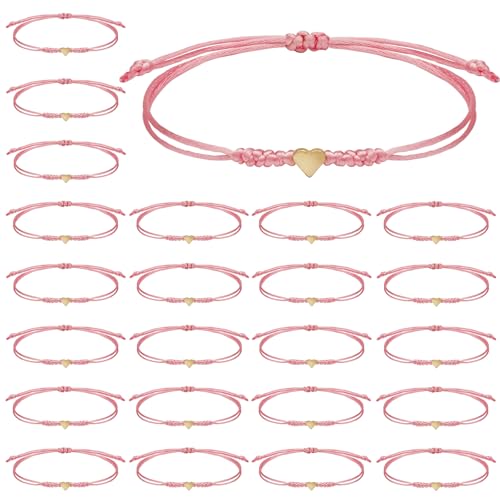 Gthiely 24 Pcs Pink Heart String Bracelets for Women - Adjustable Rope Braided Bracelet Pack Bulk Party Favors Coquette Cute Graduation Wedding Dance Team Cheer Friendship Bracelets