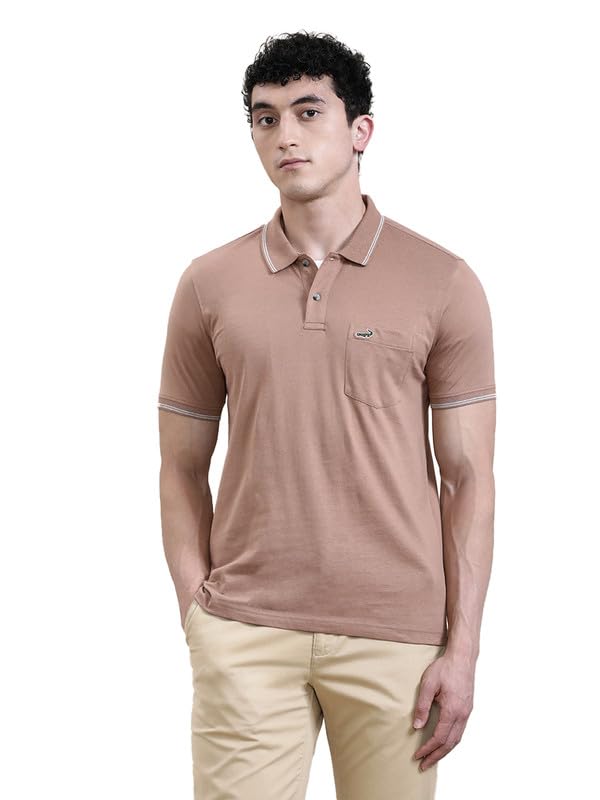 Image of CROCODILE Men Solid Slim Fit Polo T-Shirt | Regular Length | Short Sleeve | Button Placket | Casual Knitted Topwear