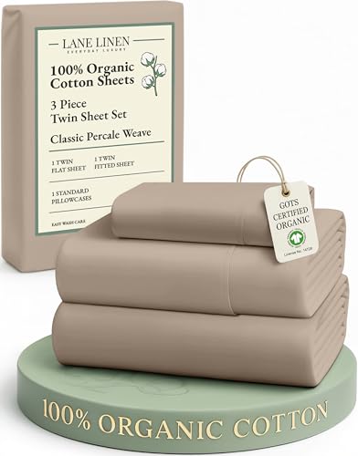 Image of LANE LINEN 100% Organic Cotton Sheets Set Pure Long- Staple Percale Weave - Bedding for Bed Fits Mattress Upto 15in Deep Pocket (Twin Taupe)