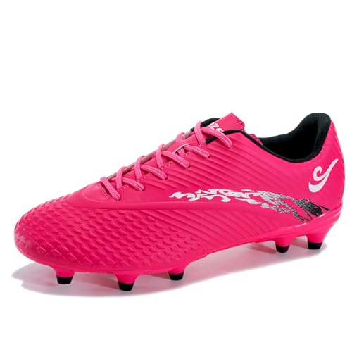 ORRZER Men's Soccer Cleats Women's Football Shoes Lightweight Professional Adult Athletic Training Lace-Up Soccer Shoes, Rose Red/White, 7 Women/6 Men
