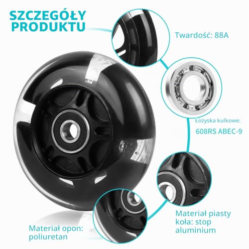 DBREAKS Świecące kółka do hulajnogi wyczynowej, 4 sztuki rolek LED, 80 mm + 120 mm, koła zapasowe LED do hulajnogi z ABEC, 9 łożysk kulkowych, stopień twardości 88A, odpowiednie do wszystkich rodzajów