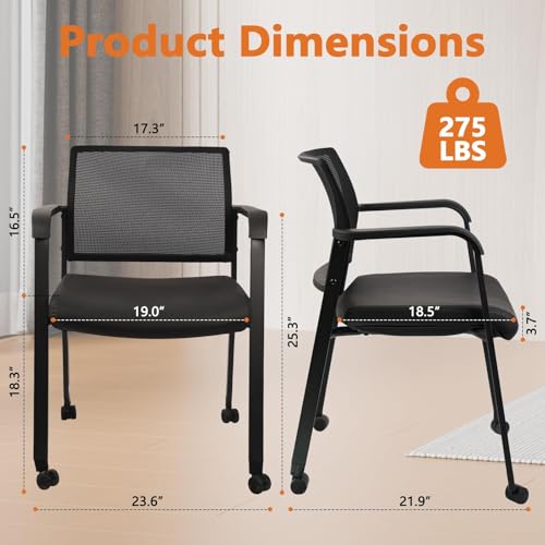 Image of CLATINA Mesh Back Guest Reception Stacking Chair with Wheels, Waiting Room Stackable Chairs with Upholstered Leather Seat & Ergonomic Lumbar Support for Office Conference School Lobby, Black, 8 Pack