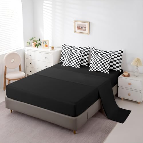 Image of Erosebridal Checkered Full Comforter Set 7 Piece Black and White Buffalo Plaid Bedding Sets for Kids Boys Teen Men,Geometric Grids Gingham Bed in A Bag with Sheets Modern Bed Set Bedroom Decor