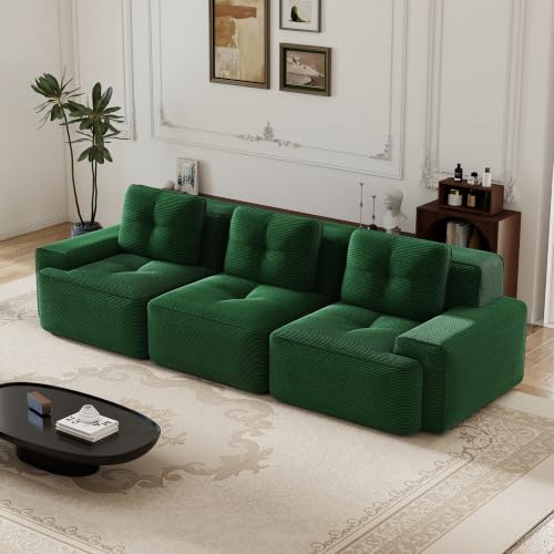 Image of 117 inch Oversized 3 Seater Modular Boneless Couch, Durable Corduroy Fabric, Deep Seat Cloud sectional Sofa with Buckle Connection and Tufted Detail, No Assembly, Anti Slip, Green