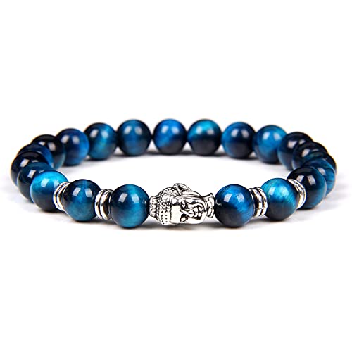 Bracelet tête de Bouddha en oeil de tigre bleu et agate naturelle pour homme et femme 19 cm