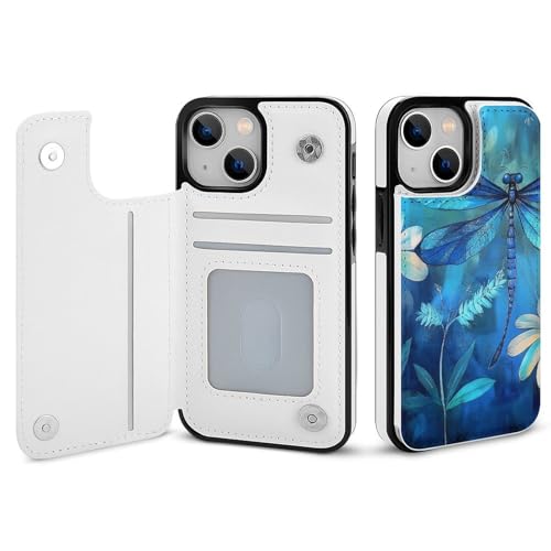 HKMNLEW Art Blue Dragonfly Print Flip Phone Wallet Case iPhone 14�p�APU���U�[���C�ϏՌ��g�ѓd�b�P�[�X�J�o�[ �J�[�h�z���_�[�t��