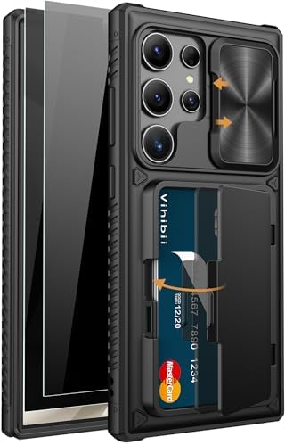 Vihibii for Samsung Galaxy S24 Ultra Case with Card Holder (4 Cards), Built-in 2X Privacy Screen Protector & Slide Camera Cover & Kickstand, Rugged & Shockproof Phone Case for S24 Ultra, Black
