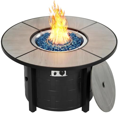 TLGREEN Propane Fire Pit Table 42 Inch Round 50 000 BTU Outdoor Fire Pit with Lid Converts to Patio Coffee Table Certified Includes Waterproof Cover & Blue Fire Glass(Grey)