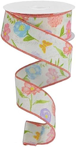 Wildflowers on Canvas Wired Edge Ribbon, 10 Yards (Ivory, Green, Pink, Blue, 1.5 Inch)