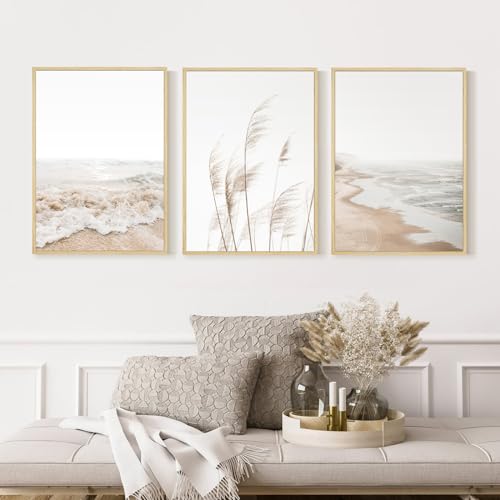 Beach Wall Art Boho Prints Coastal Canvas Wall Art FRAMED Beach Pictures Pampas Grass Ocean Poster Plant Landscape Scene Artwork for Living Room Bedroom Decor 12x16 Inch Set of 3 by Joocrise - Image 6