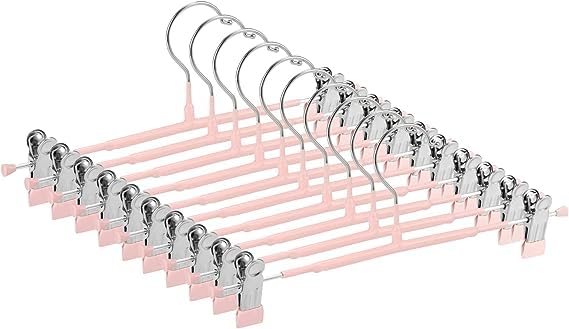 clines Pants Hangers,10 Pack Adjustable Skirt Hangers Metal Pants Hangers, Heavyduty, Non Slip Slimline, Space-Saving Skirt Holders with 360 ° Swivel Hooks, Adjustable Clips, Trouser Hangers (Pink)